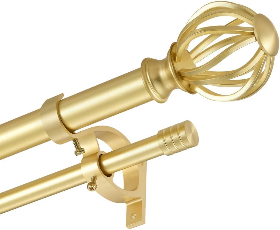 Double Curtain Rods for Window 72-144", Decorative Double Curtain Rods with Round Cage & Barrel Finials, 1-Inch Front and 5/8 Inch Back Double Drapery Rod, Adjustable Double Rod Curtain Rod Brass Brass 72-144"