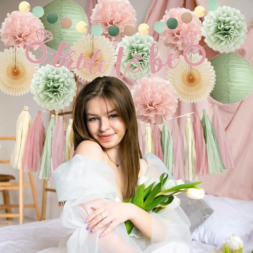Image of Dusty Pink and Sage Green Bridal Shower Decorations Boho Pastel Bride to Be Sage Green and Blush Pink Bridal Shower Decorations Dusty Rose Bachelorette Party Beige Fans Poms with Cream Tassel Garland