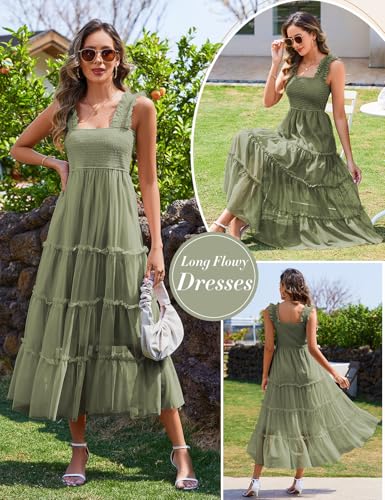 Image of HEEKPEK Womens Summer Midi Dresses 2025 Flowy Tulle Sleeveless Smocked Square Neck Ruffle Tiered Sundress Wedding Guest Party