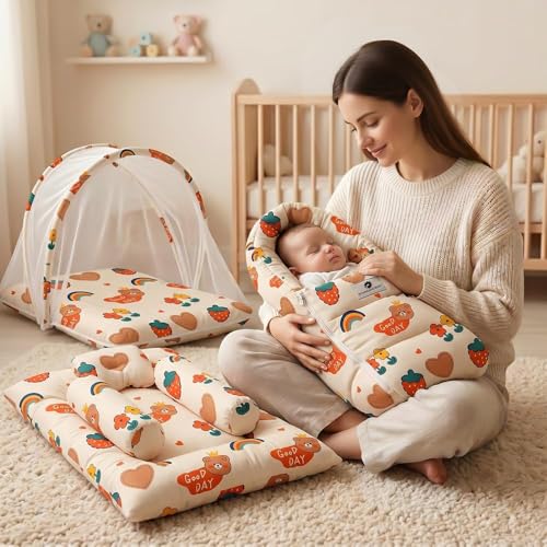 Image of StarAndDaisy Baby Carry Nest Combo Set for 0-12 Months | Baby Lounger, Bedding Nest & Mosquito Net Portable & Foldable Infant Bed Set Soft Mattress with Cushions (Rainbow Print)