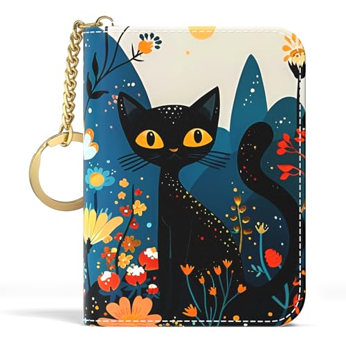 Image of Aiawoxc Credit Card Holder, Small RFID Wallet Slim Leather Card Organizer Case with Zipper and Keychain, Pretty Cat