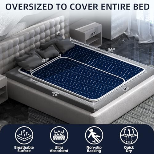 Image of Ultra-Absorbent Extra Large Washable Waterproof Bed Pads 60 inchX80 inch Reusable, Leakproof Incontinence Bed Pads for Adults, Babies & Pets , Waterproof Bed Wetting Pads & Sheet Blanket(Blue)