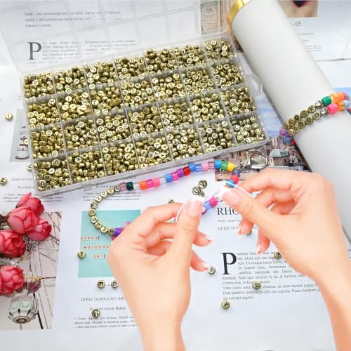 Image of Amaney 1400pcs 4x7mm Gold Letter Beads Round Acrylic Alphabet A-Z Smile and Number for Jewelry Making
