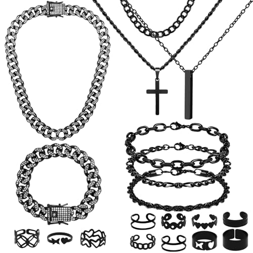 NEWITIN 15 Pieces Black Jewelry Set for Men Stainless Steel Cuban Link Necklace Bracelet Cross Pendant Necklace Vintage Ring Cuban Jewelry Set for Men Women