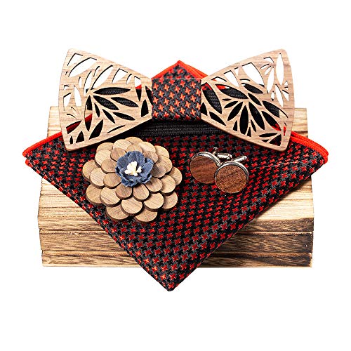 Classic Handmade Mens Wood Bow Tie with Matching Pocket Square and Men's Cufflinks Set