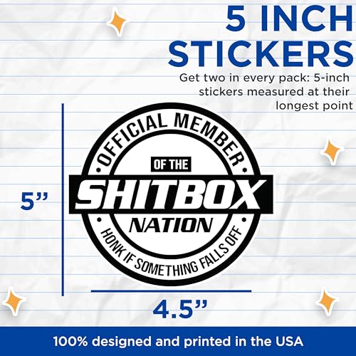 Image of (2 Pack) Official Member of Sh*tbox Nation - Honk If Parts Fall Off - Funny JDM Sticker - Premium Quality Vinyl - 5 Inches - Durable and Weatherproof - Made in USA