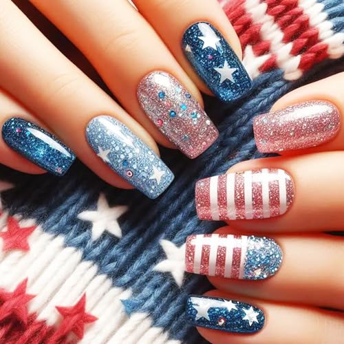 24Pcs 4th of July Press on Nails Glossy White Stars Nails Independence Day Acrylic Medium Square Fake Nail Fourth of July Gel Glue on Nail Red Blue Glitter Stick on Fingernails for Women Girls