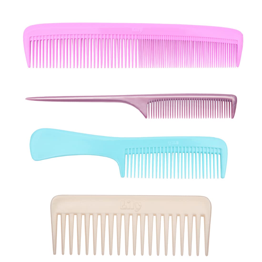 LILY Women's Fine Tooth Rat Tail Wide Teeth Long Handle Dressing Combs Set of 4 Multicolor-picture-53