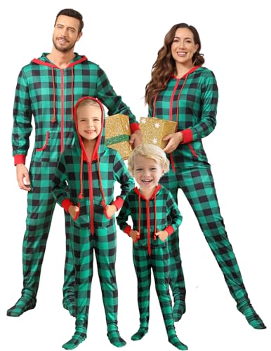 Image of Veseacky Family Christmas Pajamas Matching Sets Adult Onesie Zipper Hooded Footed One-Piece Pjs Jumpsuits