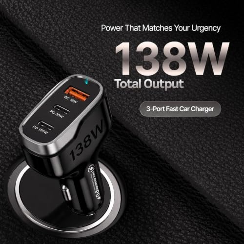 Image of Primate 138W Super Fast Car Charger, Triple Port USB Car Charger with 100W PD USB-C, 30W Type-C PD & 18W QC3.0 USB-A for Smartphones, Laptops, Tablets & More