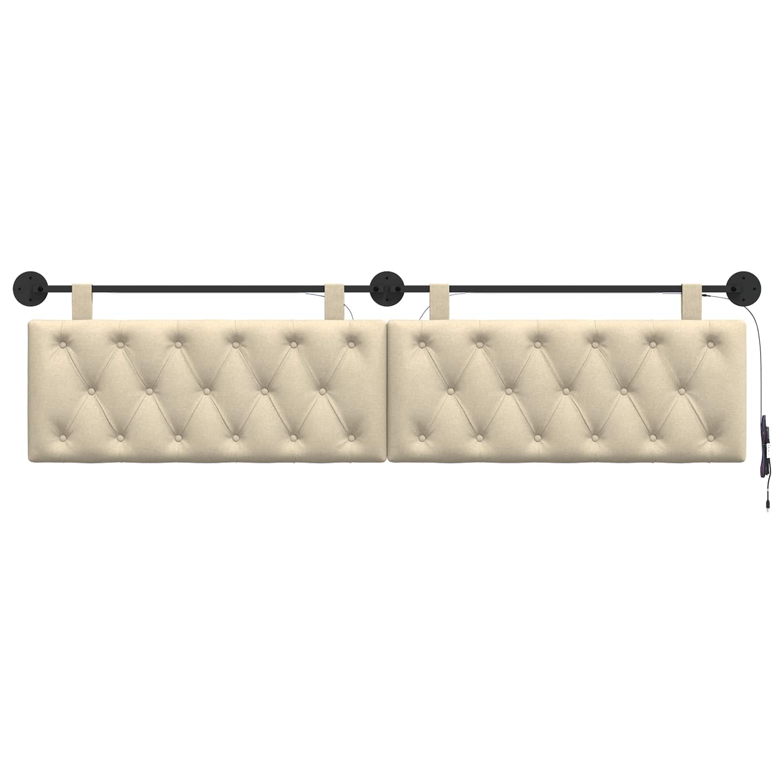 Wiszący zagłówek z oświetleniem LED, kremowy materiał, 210 x 55 x 7 cm, montaż ścienny z drewnianą ramą i metalowymi akcesoriami, uniwersalny panel ścienny do sypialni, salonu