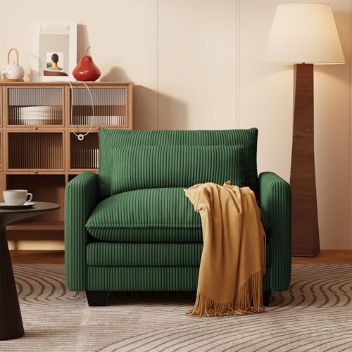 Image of Gizoon Cloud Accent Chair with Washable Cover, Corduroy Single Sofa Chair with Comfy Deep Seat, Modern Armchair with Pillow for Living Room Bedroom, Green