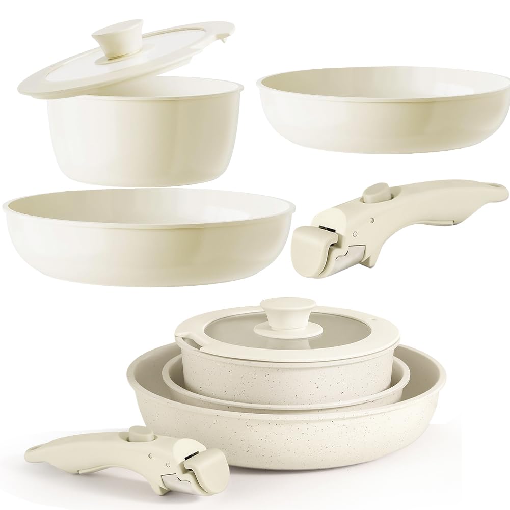 Keramik Pfannenset mit Abnehmbaren Griff, Topfset Pfannenset, Keramiks Kochen Set 5-Teilig, Antihaft Keramik Topfset, Topf 18cm, 20/26 cm Antihaft Beschichtete Pfanne, für Induktion, Ofenfest