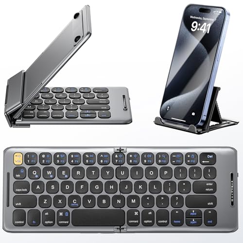 PuechAxe Foldable Bluetooth Keyboard with Stand Holder, Rechargeable Pocket Size Folding Travel Keyboard for iPhone, iPad, Tablet, Laptop, Smartphone, B088