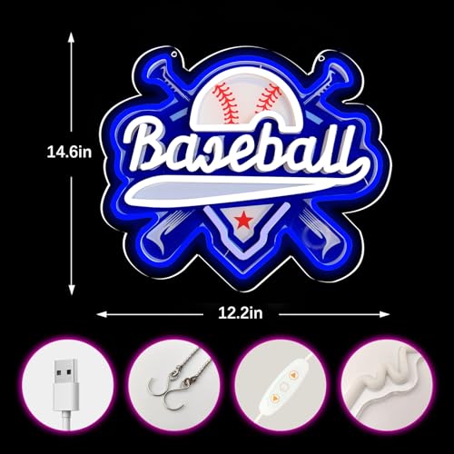 Image of Baseball Neon Signs Dimmable Baseball Neon Lights Wall Decor for Club Dormitory Bedroom Shop Home Birthday Party Gift Art for Kids Fans-14.65 x 12.2 IN-USB Powered-Acrylic