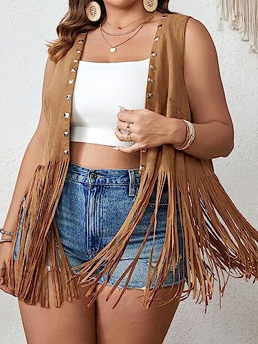 WDIRARA Women's Plus Size Fringe Trim Studded Detail Open Front V Neck Suede Boho Vest Jacket3