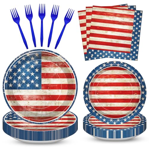 100 Pcs American Flag Party Supplies Set, Serves 25 – Disposable Patriotic Paper Plates, Napkins, and Forks, USA Flag-Themed Tableware for 4th of July, Memorial Day, Veterans Day, Independence Day BBQ