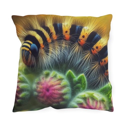 Vibrant Outdoor Pillow Featuring Tiger Moth Caterpillar Design for Garden and Patio Decor