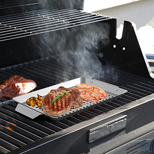 Onlyfire Grillschale Edelstahl, Rechteckiger Grillkorb Set für Fleisch, Gemüse und Fisch, Mini Grillschalen für Gasgrill Zubehör, Gelochte Grillpfanne, 32 x 18,5 x 1,7 cm