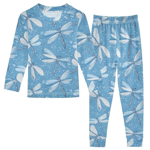Fustylead Beautiful Dragonflies on Blue Background 2-Piece Cotton Pajama Set, Long Sleeve Top and Matching Bottom