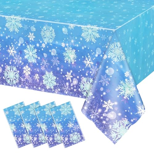 Image of 4 Pcs Plastic Winter Snowflake Tablecloth Decorations, 54x108 Inch Blue and Purple Snowflake Winter Wonderland Disposable Table Cover for Christmas Holiday New Year Party Supplies Decor