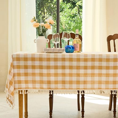 Midsummer Breeze Table Cloth Rectangle Table-Rustic Gingham Tablecloth Buffalo Plaid Table Cloth for Spring Summer Kitchen Dining Room (55x84 Inch,Yellow and White)