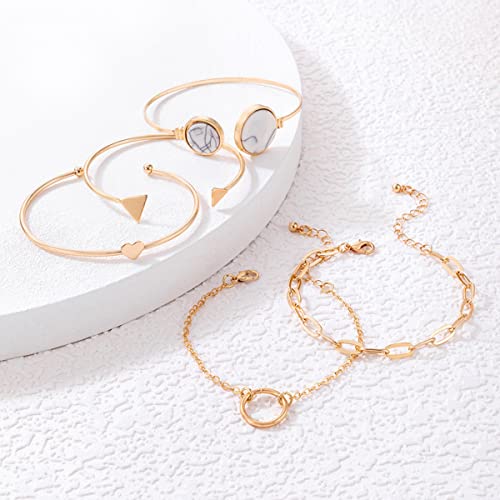 5pc Contemporary Stackable Bracelet Set, Gold Plated