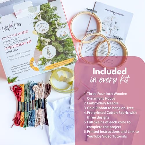 Image of Elly & Grace Christian Embroidery Kit with Embroidery Hoop, Easy Embroidery Kit for Beginners and Adults, Full Embroidery Hoop Kit with Needles and Thread Included (Joy to The World)