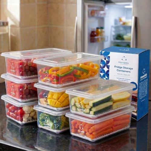 Image of HomeWiz Fridge Storage Containers 1500ml x8 |Air Tight Storage Container Set with Removable Drain Plate|Fridge Organiser Storage Boxes|Food Grade Plastic Containers, Stackable for Fruits & Vegetables