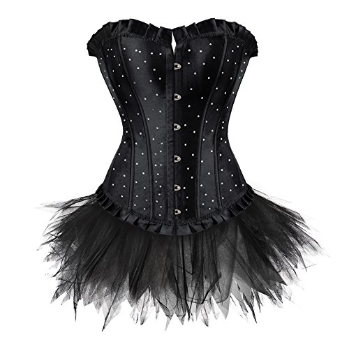 Grebrafan Clásico Satén Corsé Strass Conjunto Corset y Falda Tutú De Tul Talla Grande (EU(48-50) 6XL, Negro) Cover