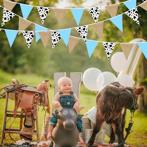Image of 32Ft Western Cowboy Party Decorations Burlap Cow Triangle Flag Fabric Banner Pennant Bunting Garland Streamer for Western Cowboys Birthday Baby Shower Derby Day Farm Animals Wild Party Decor Supplies