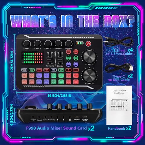Image of 2 Pack Professional F998 Live Sound Card Audio Mixer Portable Podcast Audio Interface with Sound Effects & Voice Changer for Live Streaming, Recording, Gaming