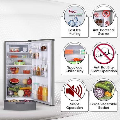 Image of LG 185 L 4 Star Direct-Cool Smart Inverter Compressor Single Door Refrigerator (‎‎GL-D199OPZY, Shiny Steel, Base Stand with Drawer)