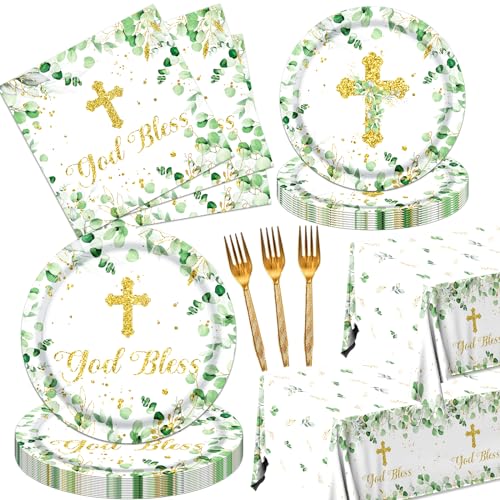 God Bless Plates and Napkins Baptism First Holy Communion Tableware Mi Bautizo Eucalyptus Party Decorations Disposable Plates,Tablecloth,Napkins and Forks for Celebration Baby Shower Supplies