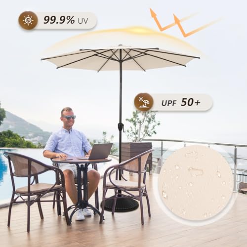 Abba Patio 9FT Lyon Outdoor Patio Umbrella Outdoor Table Umbrella with Push Button Tilt and Crank Market Umbrella 8 Sturdy Ribs UV Protection Waterproof for Garden Deck Backyard Pool Beige