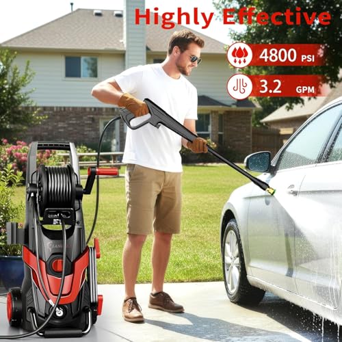 Image of 2026Upgraded Pressure Washer 4800PSI w /4 Quick Connect Nozzles, Inlet Hose & Filter&500ML Soap Tank, High Cleaning Machine for Cars /Fences /Driveways /Patios /Home Cleaning,Red