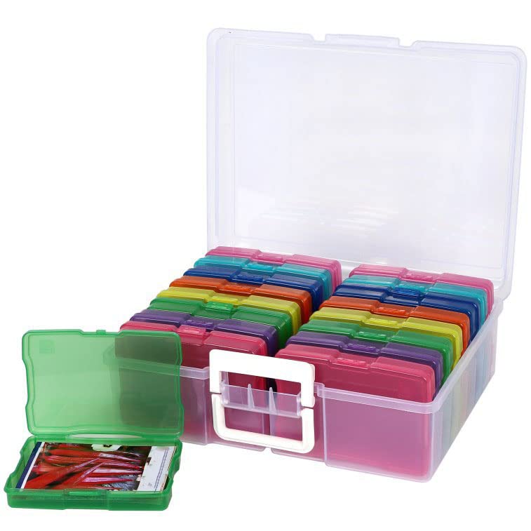 THE WHITE SHOP 4" x 6" Photo Cases and Clear Craft Keeper with Handle - 16 Inner Cases Plastic Storage Container Box (Multi-Colored)