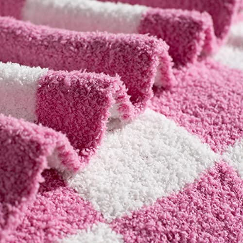 Carriediosa Ultra Soft Checkered Throw Blanket Microfiber Fuzzy Fluffy Checkerboard Grid Cute Preppy Plaid Pattern Knitted Blankets Cozy Throws For Couch Bed Sofa, 50" X 60" Throw Size Hot Pink #TOP3