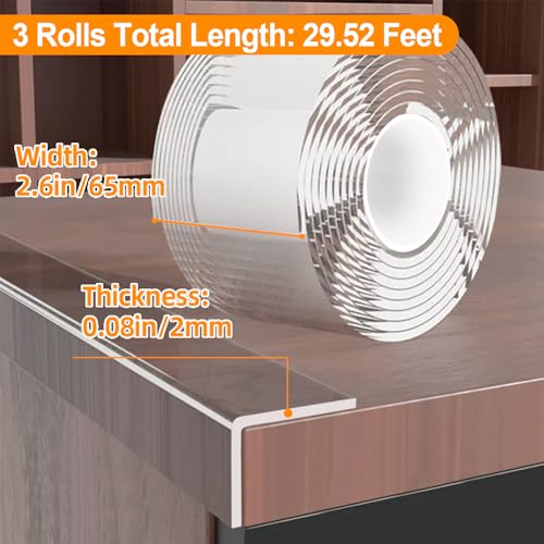 Image of 3 Pack Clear Edge Protector Strip,2.56 in x 9.84 FT,Sharp Edge Wrap Cover Tape,Self Adhesive Protective Bumper Guards for Cabinet Door Desk Glass Table Bed Furniture,Kitchen Countertop