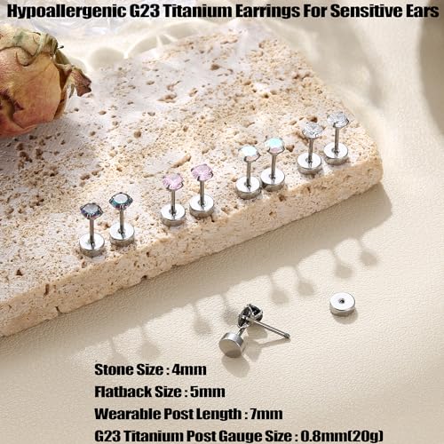 MILACOLATO 5 Pairs Titanium Earrings for Women Men G23 Pure Titanium Earrings for Sensitive Ears Cubic Zirconia Surgical Stainless Steel Flat Back Stud Earrings Hypoallergenic Piercing Sleeper Cartilage Screwback Studs4