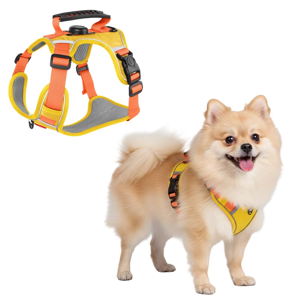 Dog Harness, Reflective Pet Harness with GPS Tracker Pocket & Soft Handle, Breathable & Adjustable Pet Vest for Small-Medium Dogs