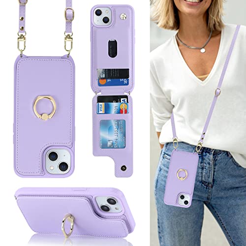 Image of for iPhone 14 Plus Case with Card Holder and Strap for Women,Crossbody Lanyard,RFID Blocking,Stand Ring Kickstand,Snap Clasp,Phone Wallet Cases 6.7 inch(Purple)