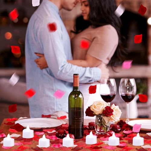 Image of Coume 6000 Pieces Artificial Rose Petal 72 Pieces LED Tealights Candle, Romantic Decorations Special Night Rose Petal Heart Candle for Valentines Wedding Anniversary Proposal Decor(White Light)