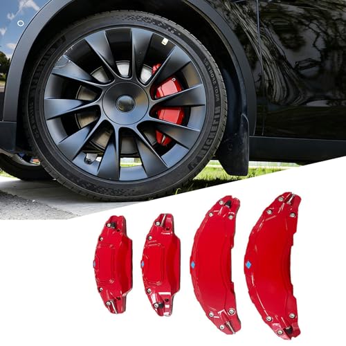 4PCS Red Brake Caliper Covers for 2025 2026 Tesla Model Y Juniper Aluminum Alloy 19 20 Inch Wheel Hub Front and Rear Brake Caliper Covers Brake Guards Decoration Kit for Model Y Juniper Accessories