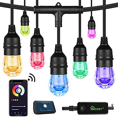 XMCOSY+ Outdoor String Lights â€“ 64ft Patio Lights RGB & White Smart String Lights Color String Lights Outdoor 2.4GHz Wi-Fi App Control 24 Shatterproof Acrylic Bulbs String Lights Works with Alexa