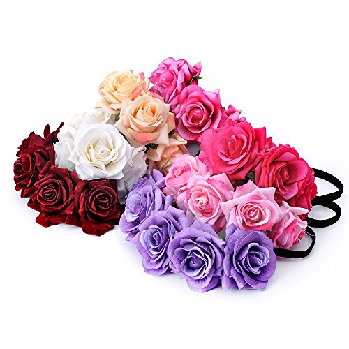 Dreamlily Rose Flower Crown Wedding Festival Headband Hair Garland Wedding Headpiece (1-Burgundy) #TOP1