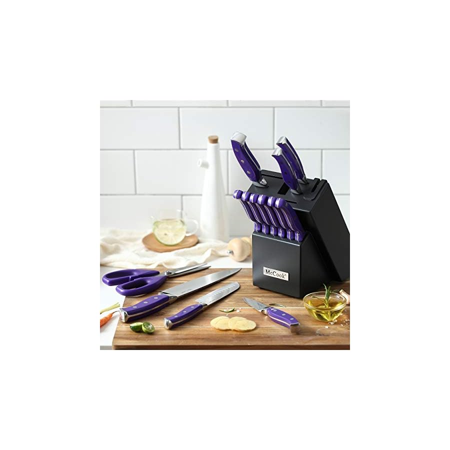 McCook-MC27-14-Pieces-Stainless-Steel-kitchen-knife-set-with-Wooden-Block-Kitchen-Scissors-and-Built-in-Sharpener-Purple McCook MC27 14 Pieces Stainless Steel kitchen knife set with Wooden Block, Kitchen Scissors and Built-in Sharpener, Purple