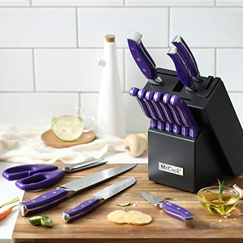 Image of McCook MC27 14 Pieces Stainless Steel kitchen knife set with Wooden Block, Kitchen Scissors and Built-in Sharpener, Purple