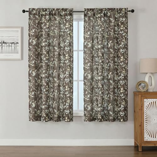 Image of Chyhomenyc Linen Blend Window Curtains 63 Inch Length 2 Panels, Light Filtering Floral Printed Curtain Drapes for Living Room, Rod Pocket Soft Bedroom Curtain Panels, 38Wx63L Inch, Chocolate