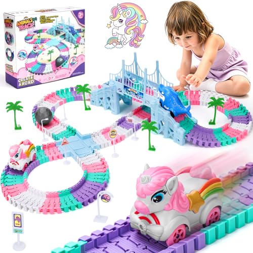 Appoft 194PCS Unicorn Race Track for Kids Ages 4-8: Flexible Racetrack Toy Car Track Set with Unicorn & Shark Monster Trucks, Shark Toys for 3 4 5 Year Old Girls Gifts, Toddler Girls Boys Age 3-6 by Appoft - Used condition - US$23.18